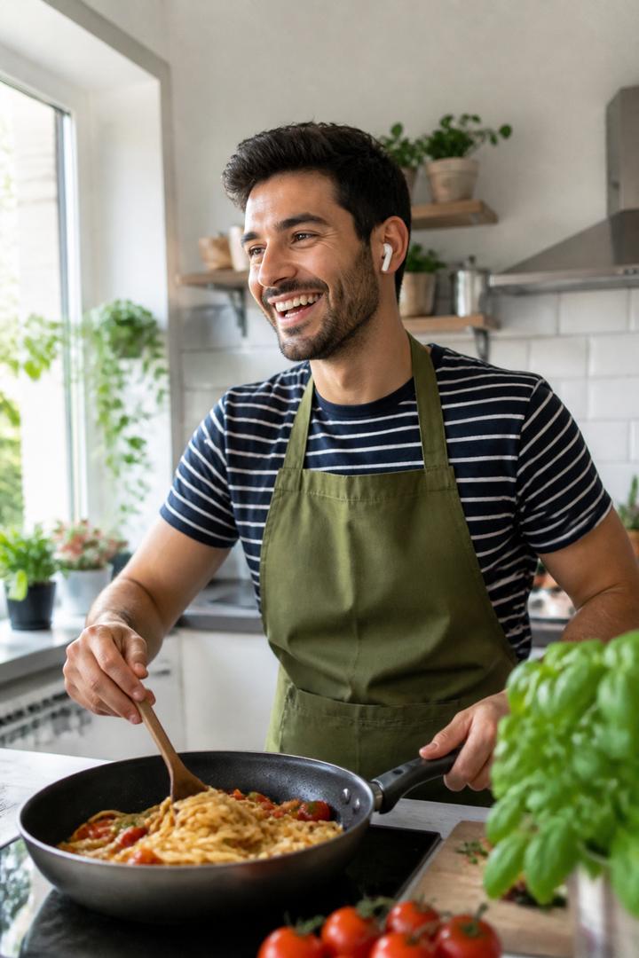 料理しながら通話する男性